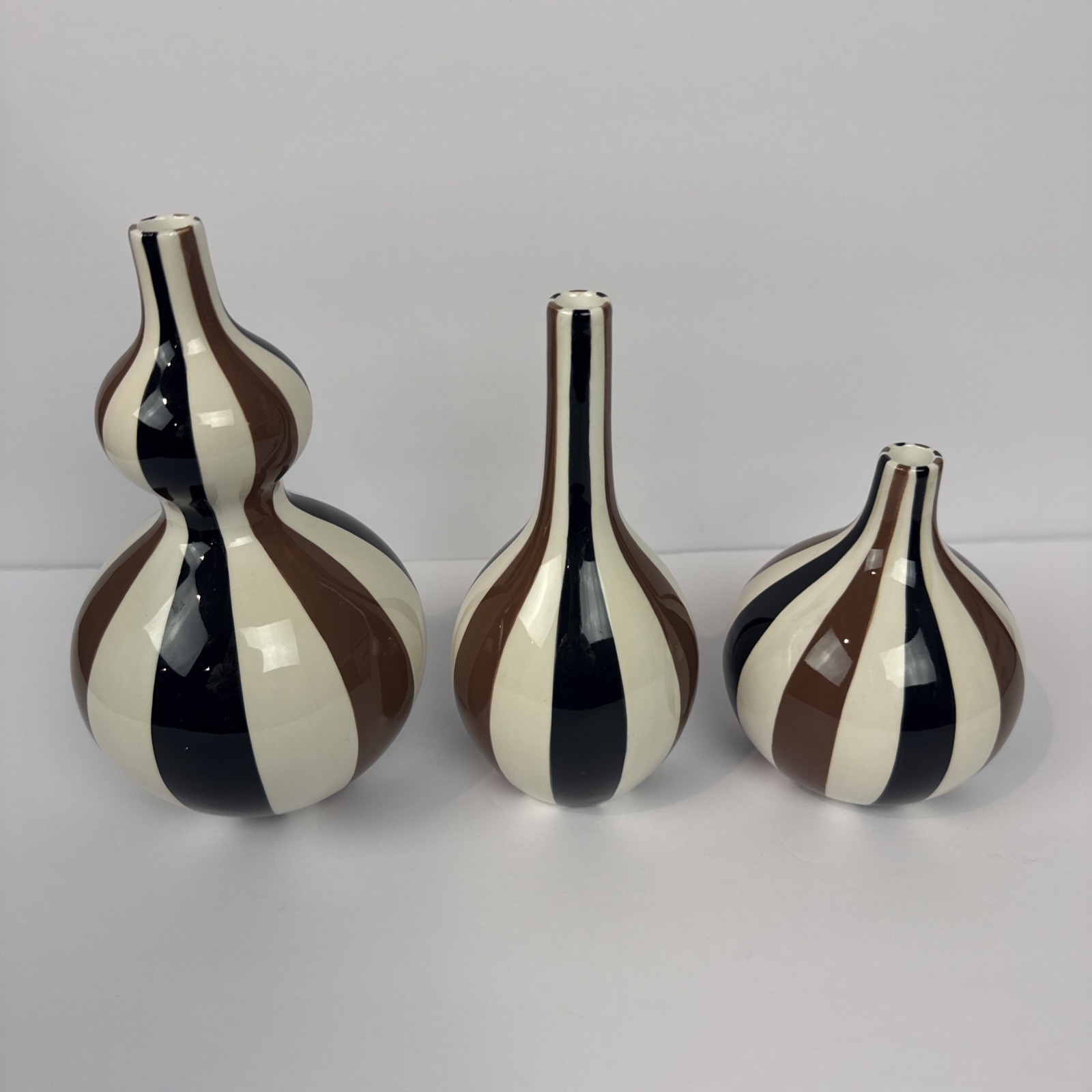 Vintage Jonathan Adler 2003 Striped Bulbous Vases White Black & Brown Set Of 3 Vintage Jonathan Adler 2003 Striped Bulbous Vases White Black & Brown Set Of 3