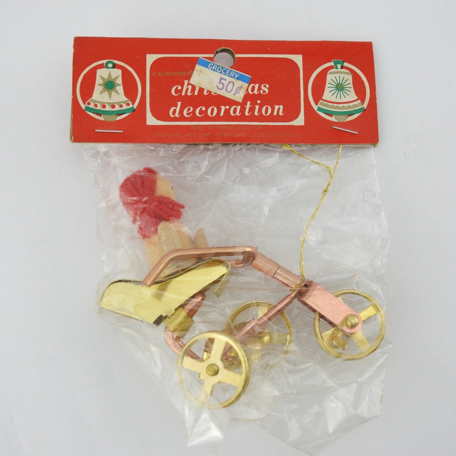Vintage Chirstmas Ornamnet Metal Tricycle Wood Doll