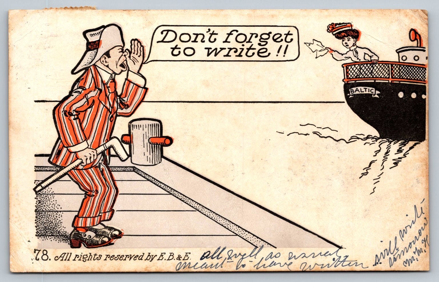 Vintage 1906 Comic Postcard Don\'t Forget to Write Maritime Ship Baltic