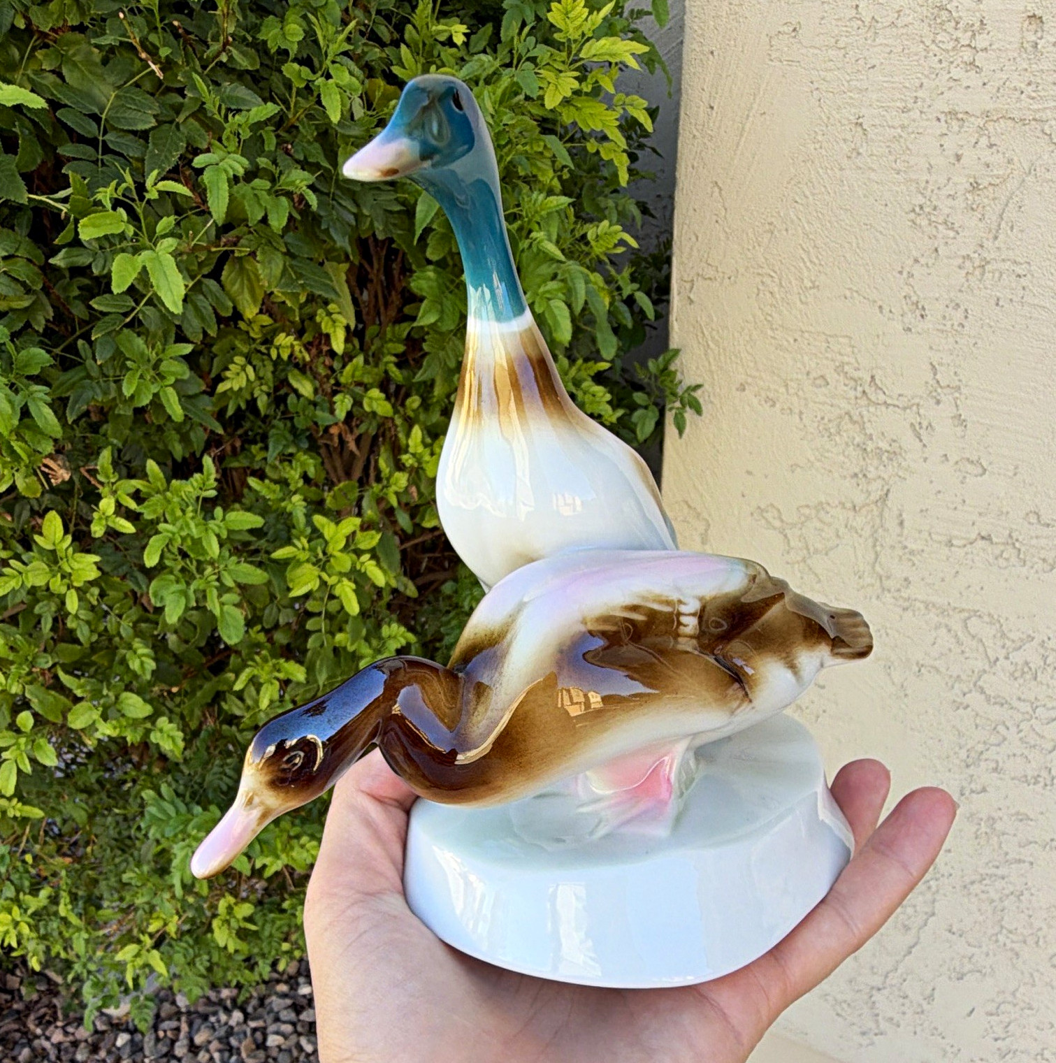 Zsolnay Porcelain Duck Figurine Pair on Base, Made in Hungary