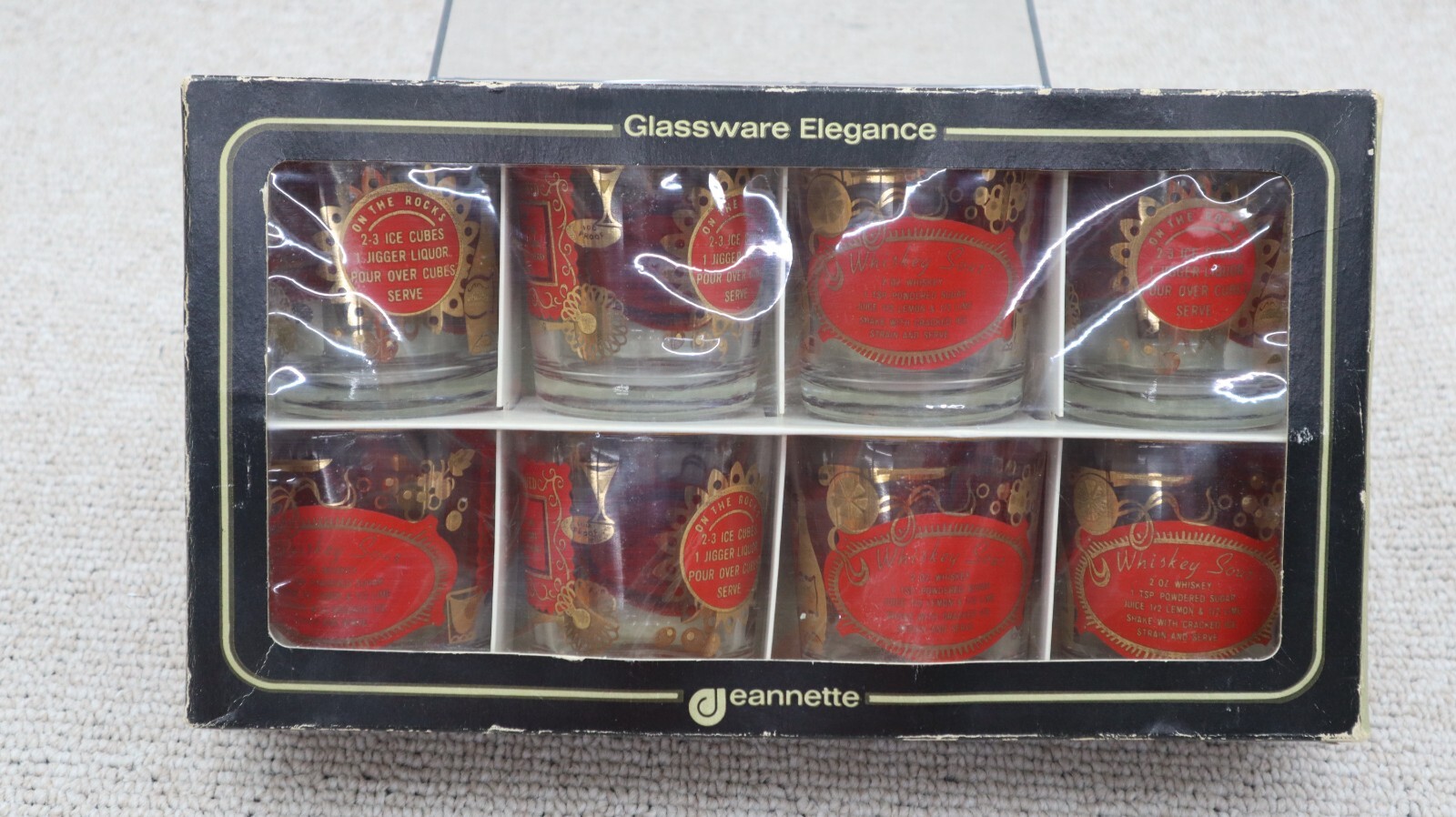 8 Vintage Jeannette Old Fashion Recipe Mixed Drinks Glasses With Original Box