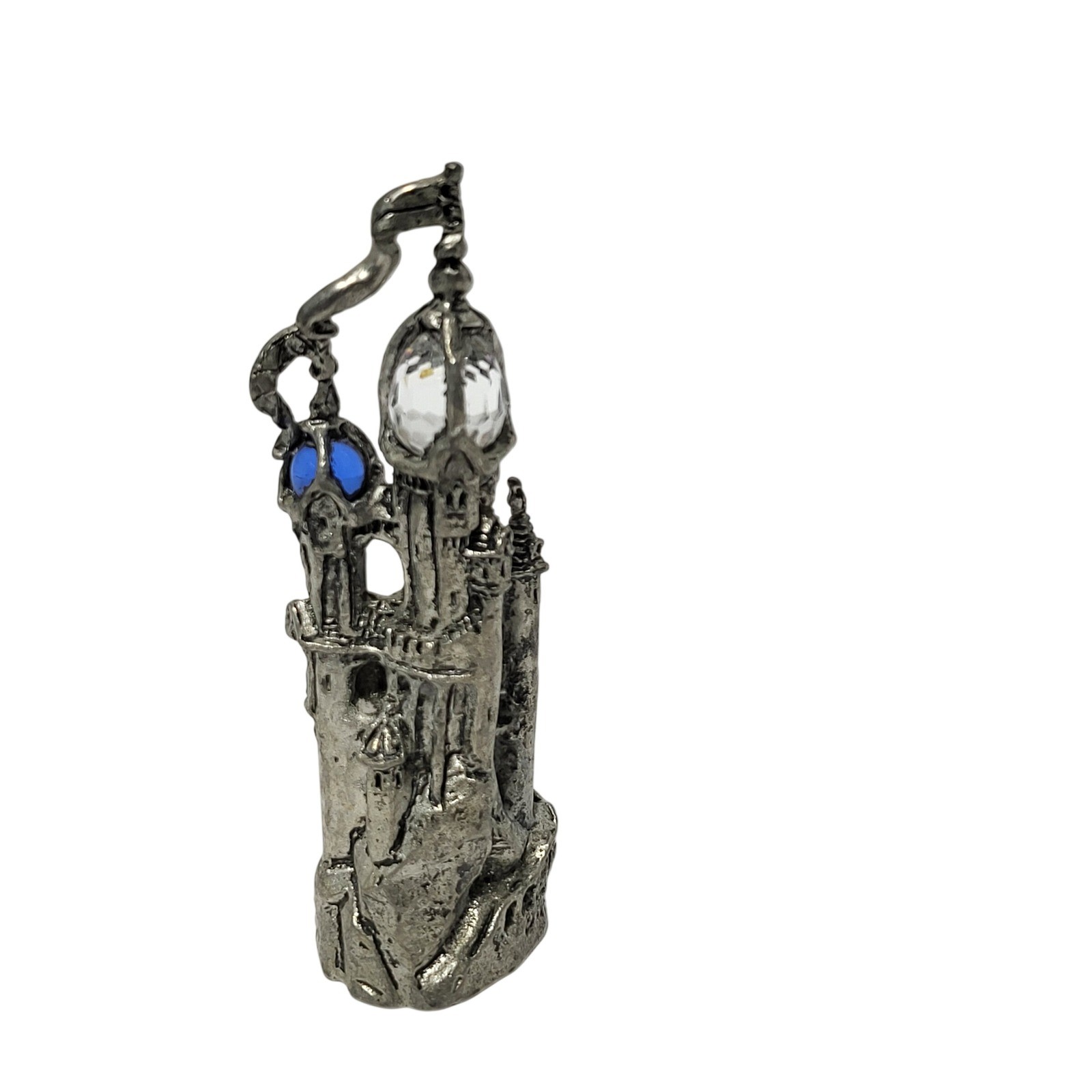 Vintage Pewter Fantasy Castle Figurine with Blue and Clear Crystal Accents 3.75