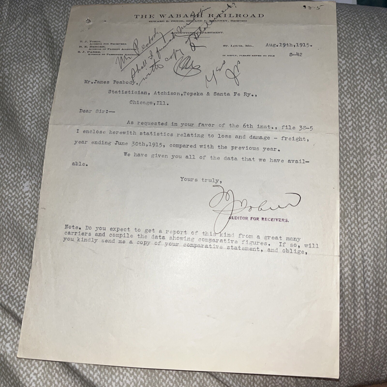 Signed Antique 1915 Letter Wabash Railroad Auditor to Topeka Santa Fe Railway