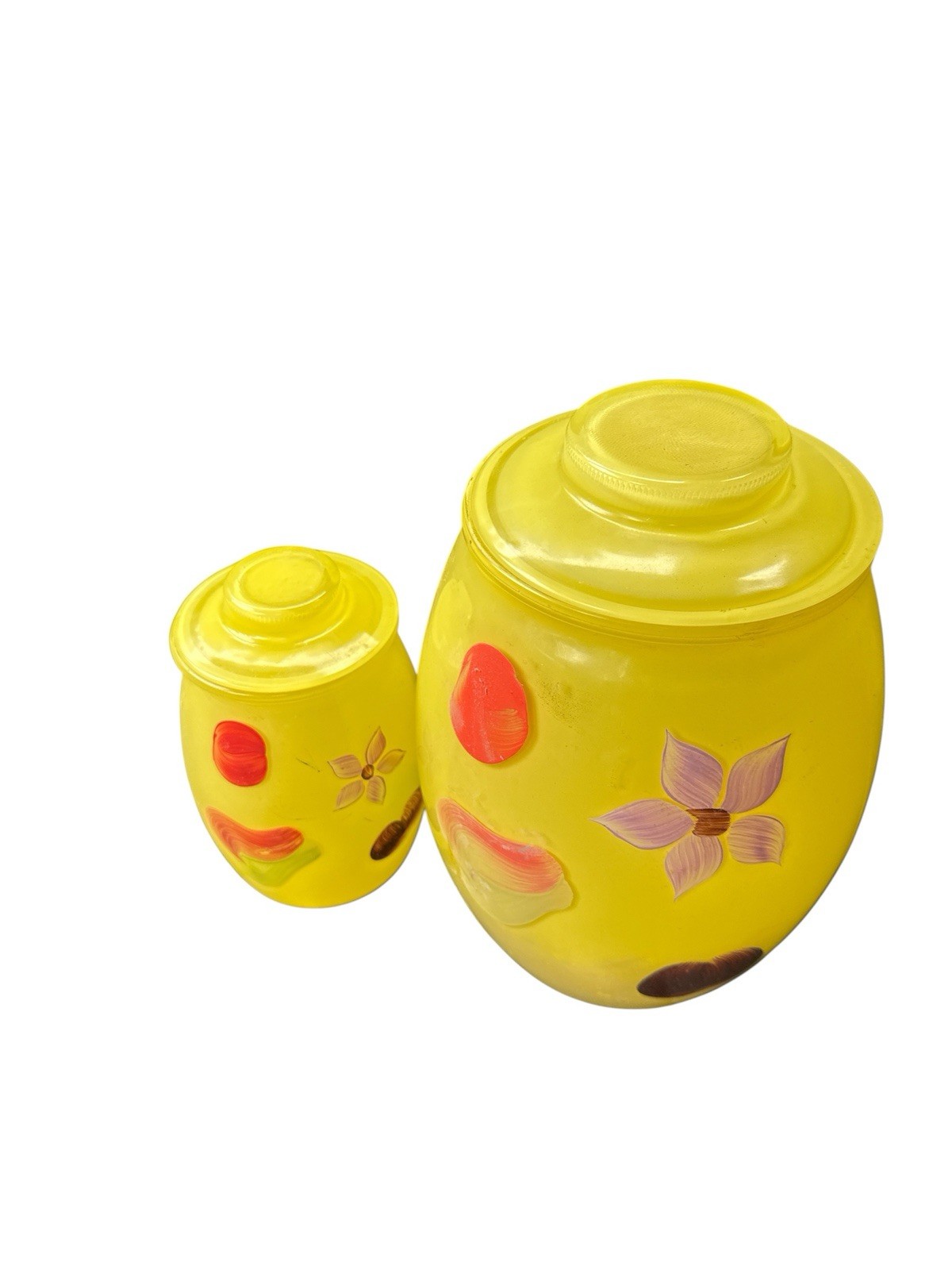 Vintage Bartlett Collins Glass Cookie Jar Hand Painted Yellow MCM Flowers Fruit Vintage Bartlett Collins Glass Cookie Jar Hand Painted Yellow MCM Flowers Fruit