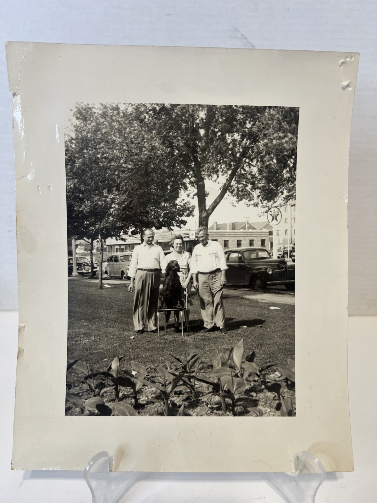 Vintage 1940’s Photo Family w/Dog & Cars Texaco Antique Snapshot 8x10 06/27/1945