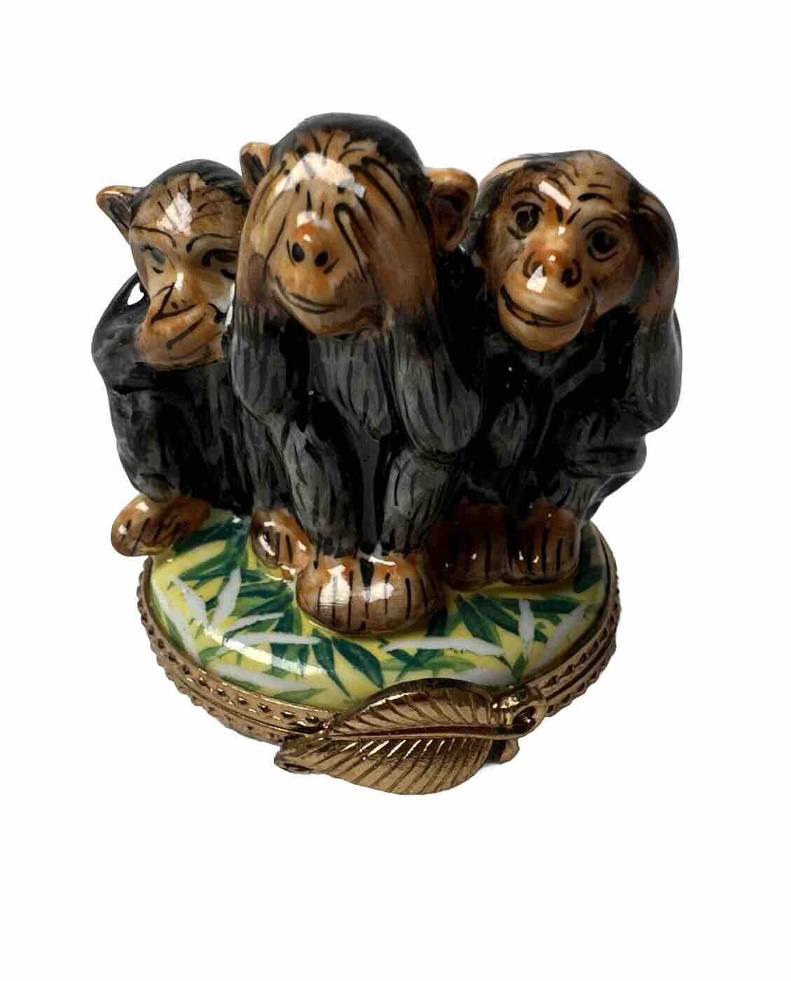 Sinclair Limoges France Peint Main Porcelain Trinket Box Three Monkeys