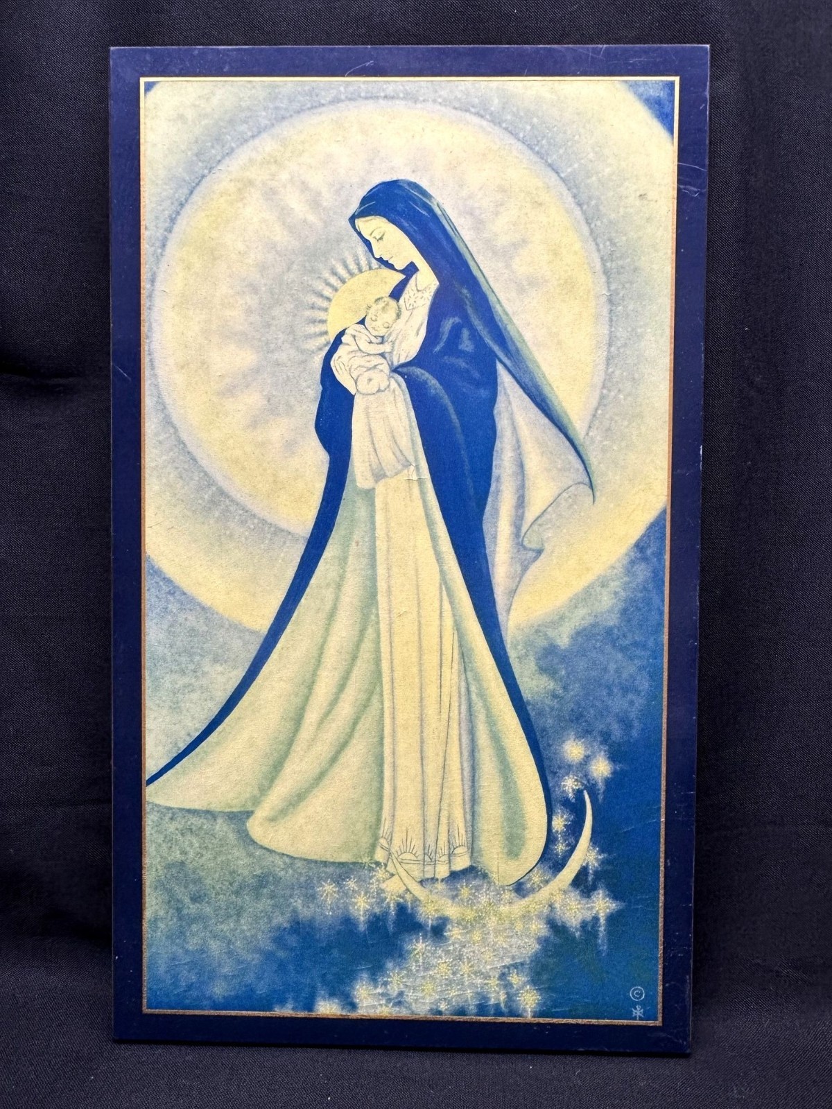 Vintage Pyraglass Madonna & Child Plaque Blue Religious Wall Art 12 X 7