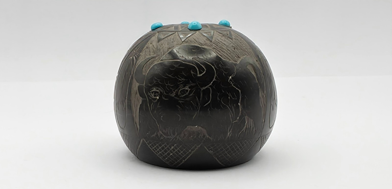 Red Starr Sioux Etched Blackware Seed Pot Turquoise Buffalo Bison Signed Pottery Red Starr Sioux Etched Blackware Seed Pot Turquoise Buffalo Bison Signed Pottery