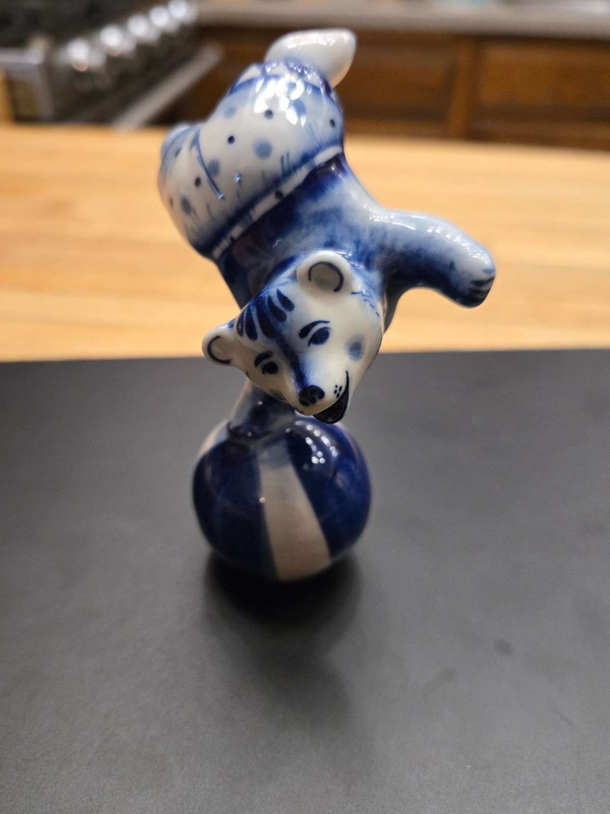 Gzhel Russian Hand Painted Blue & White Porcelain - Bear with Ball signed