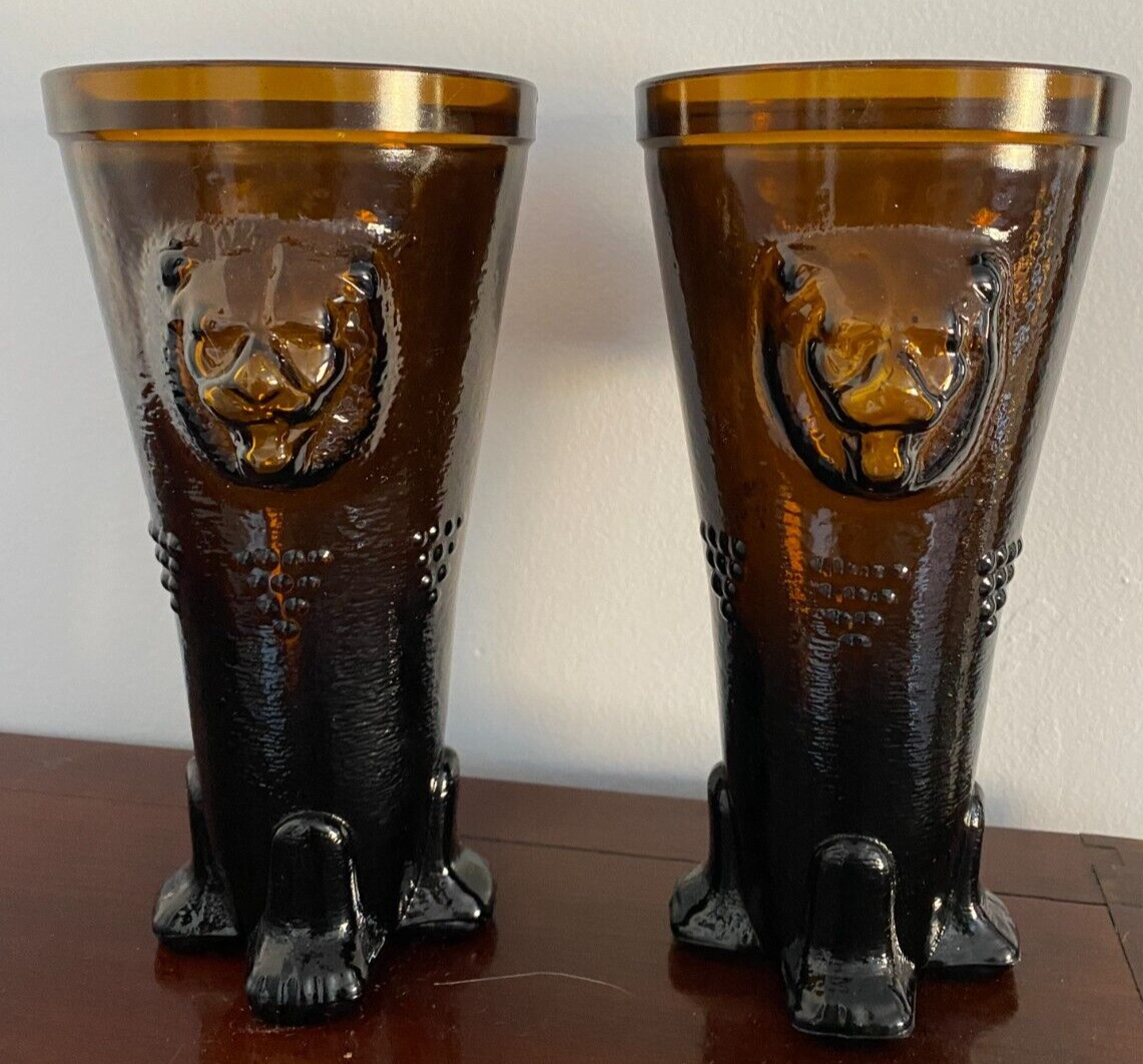 2 VNTG Lion Head Footed GLASS REN FAIRE COSPLAY Vessels Amber RARE 