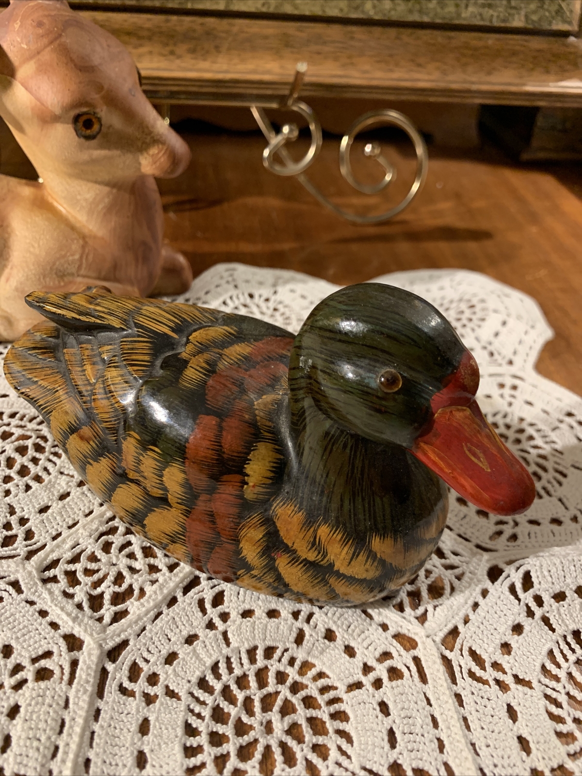 Vintage Hand Painted Ceramic Mallard Duck Decoy Figurine~Basal Knob~Glass Eyes