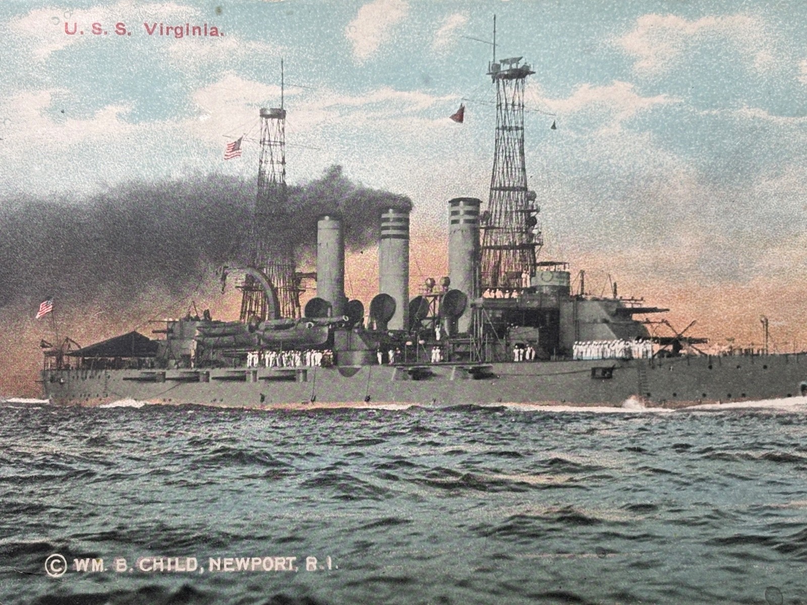 1913 USS Virginia BB-13 Great White Fleet Battleship Postcard Wm B Child