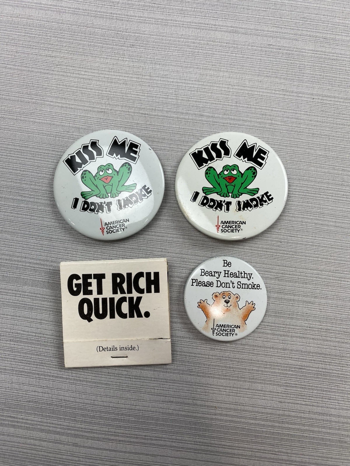 Vintage American Cancer Society Merch Matchbook & 3 Pins Don’t Smoke Bear & Frog