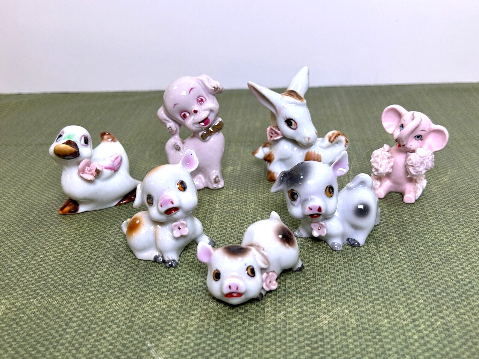 Vintage Lot Of 7 Porcelain Animals With Pink Flower Japan Pigs, Puppy, Duck