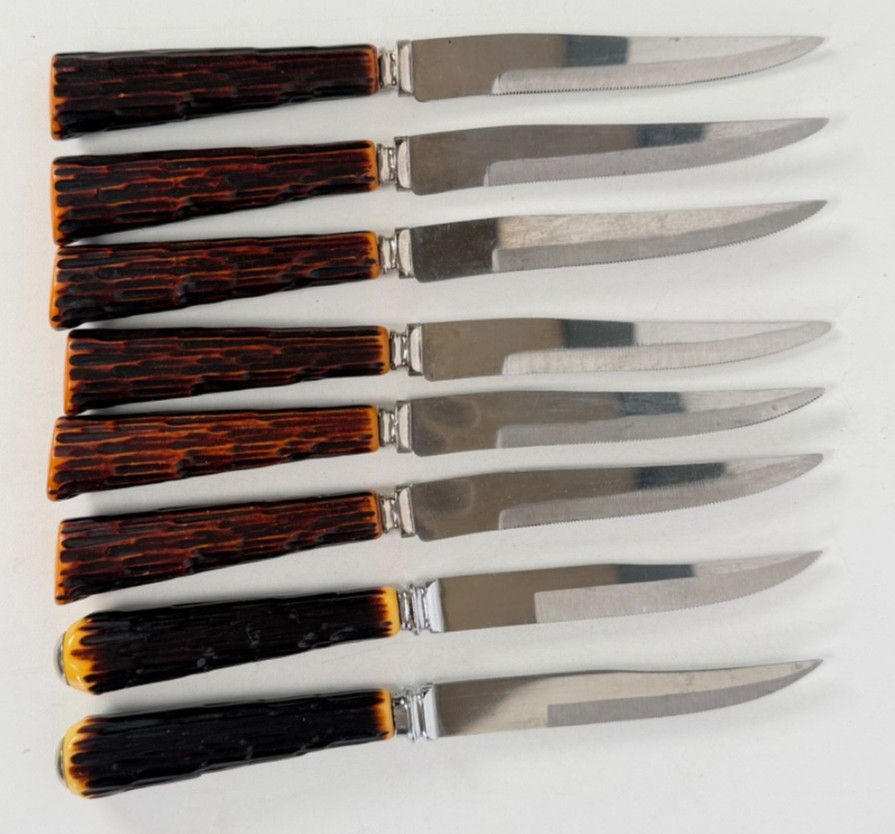 6 Vtg Stainless Steak Knives Forgecraft Bakelite Handles Washington Forge +2