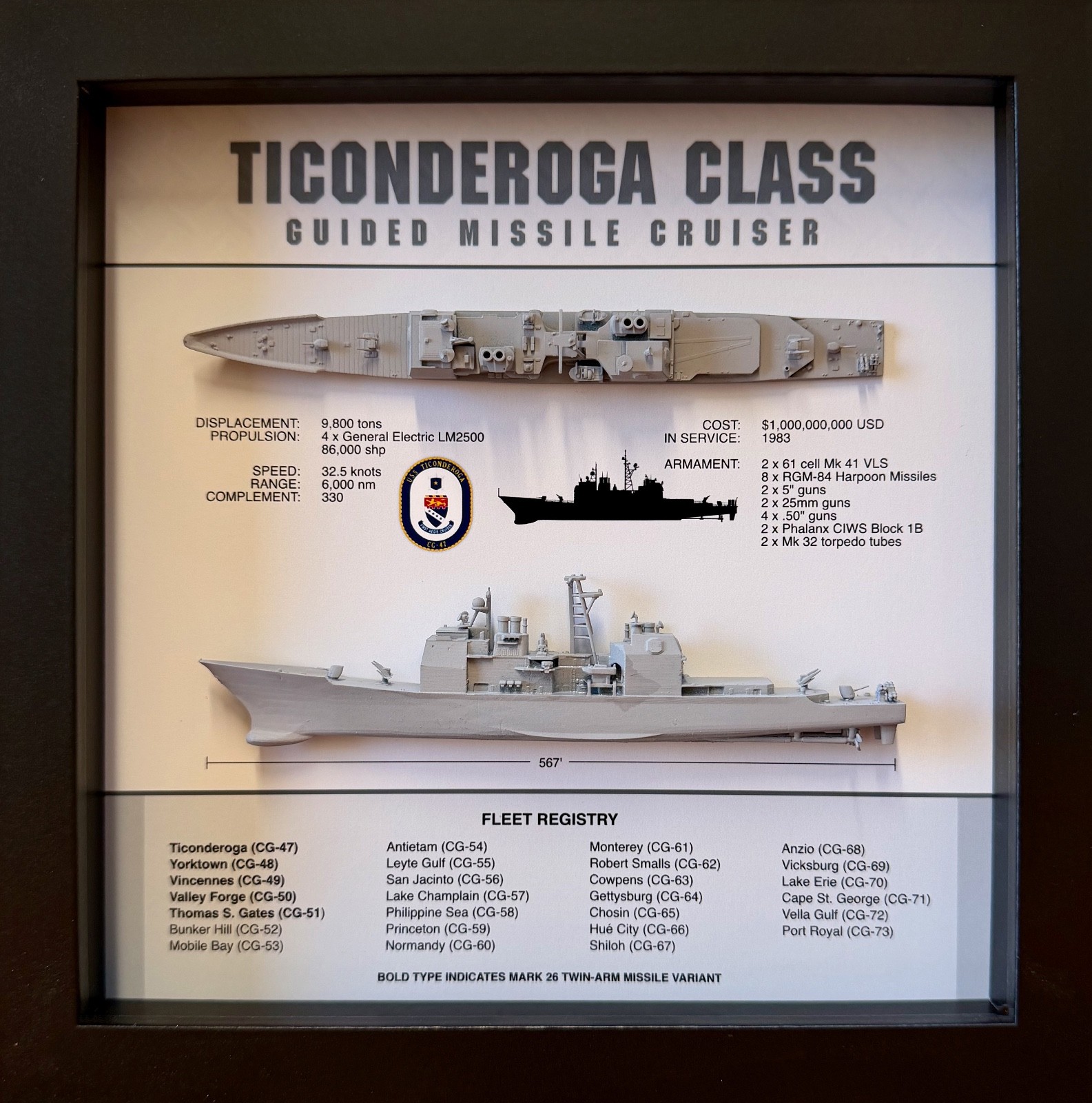 Ticonderoga Class Cruiser Memorial Display Shadow Box, 9\ Ticonderoga Class Cruiser Memorial Display Shadow Box, 9\