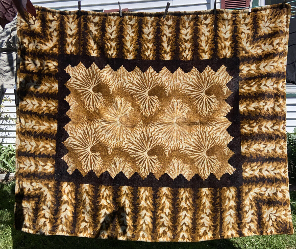 VTG ANTIQUE Wool Horse Mane Sleigh Blanket Buggy Brown Tan Gold SUN Swirl Design