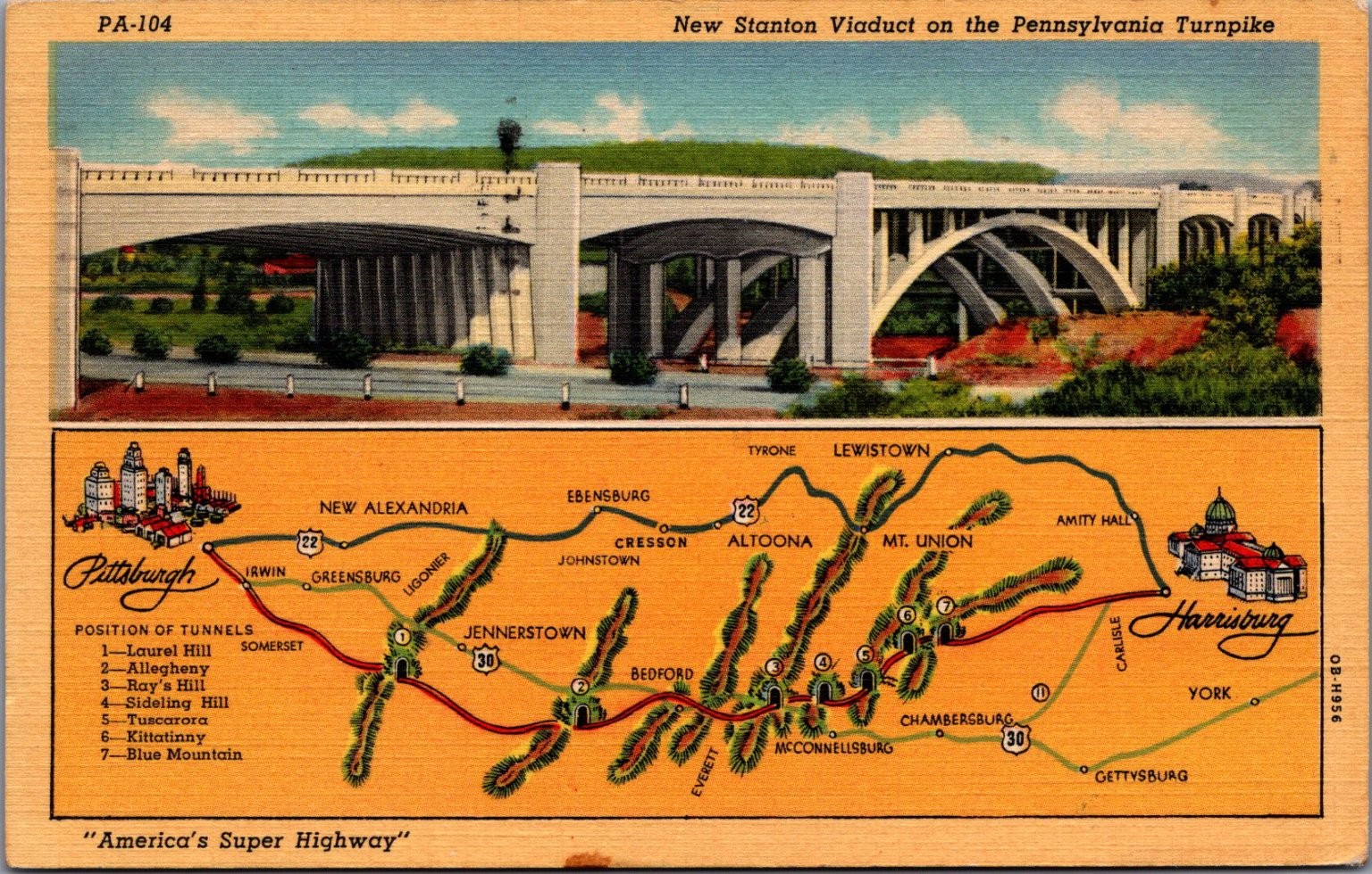 1948 PA Turnpike New Stanton Viaduct Map & Tunnels Postcard C.T. Art-Colortone 1948 PA Turnpike New Stanton Viaduct Map & Tunnels Postcard C.T. Art-Colortone