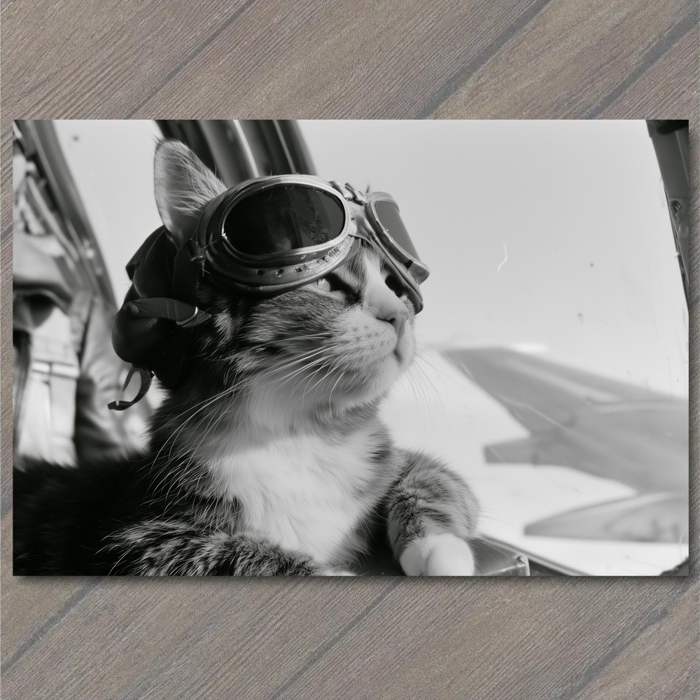 POSTCARD Cat Aviator Goggles Cockpit Window Airplane Wing Black White Humor POSTCARD Cat Aviator Goggles Cockpit Window Airplane Wing Black White Humor