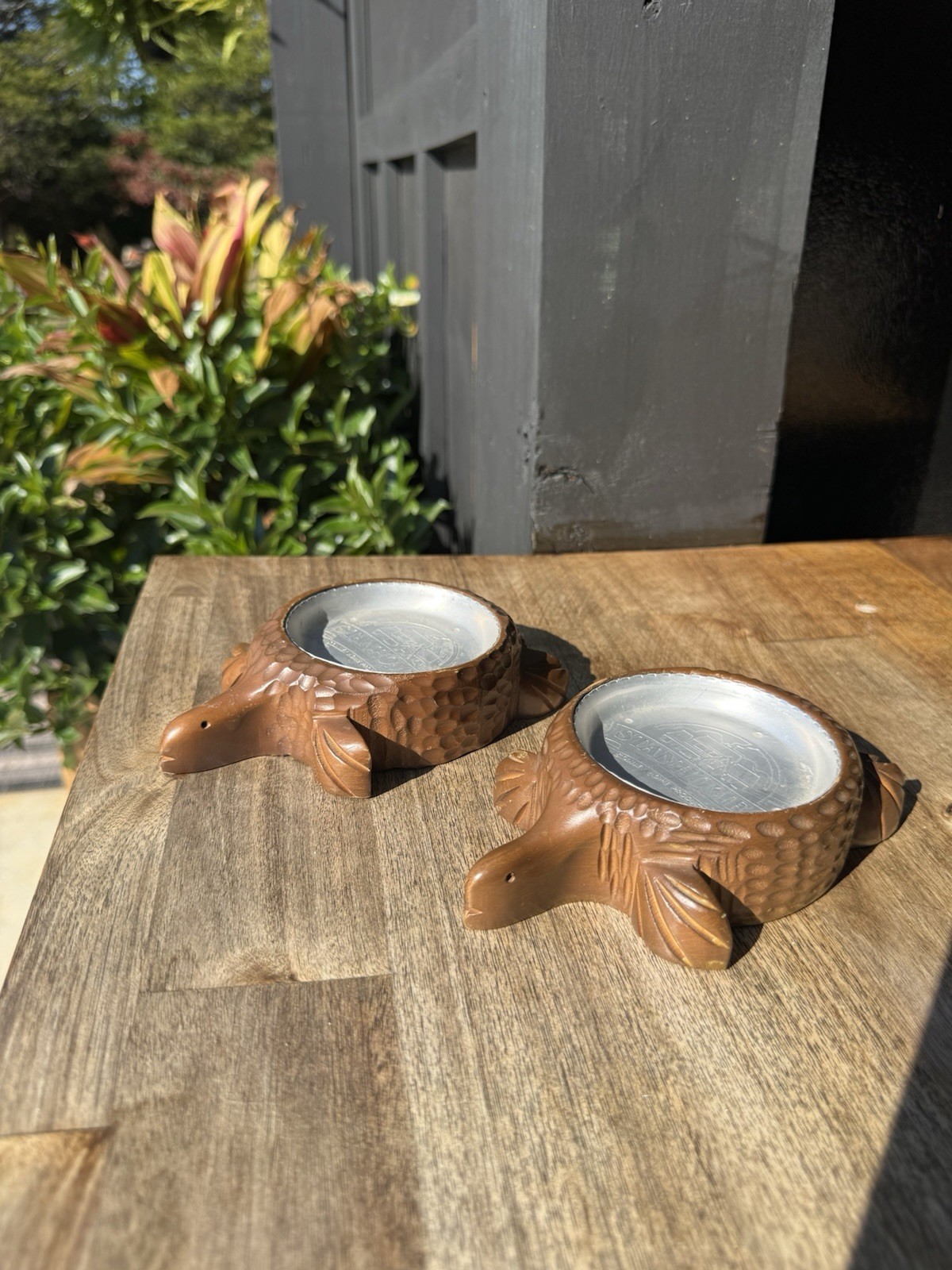 Vintage Stanhome Stanley Home Products Turtle Coasters Faux Wood Aluminum MCM