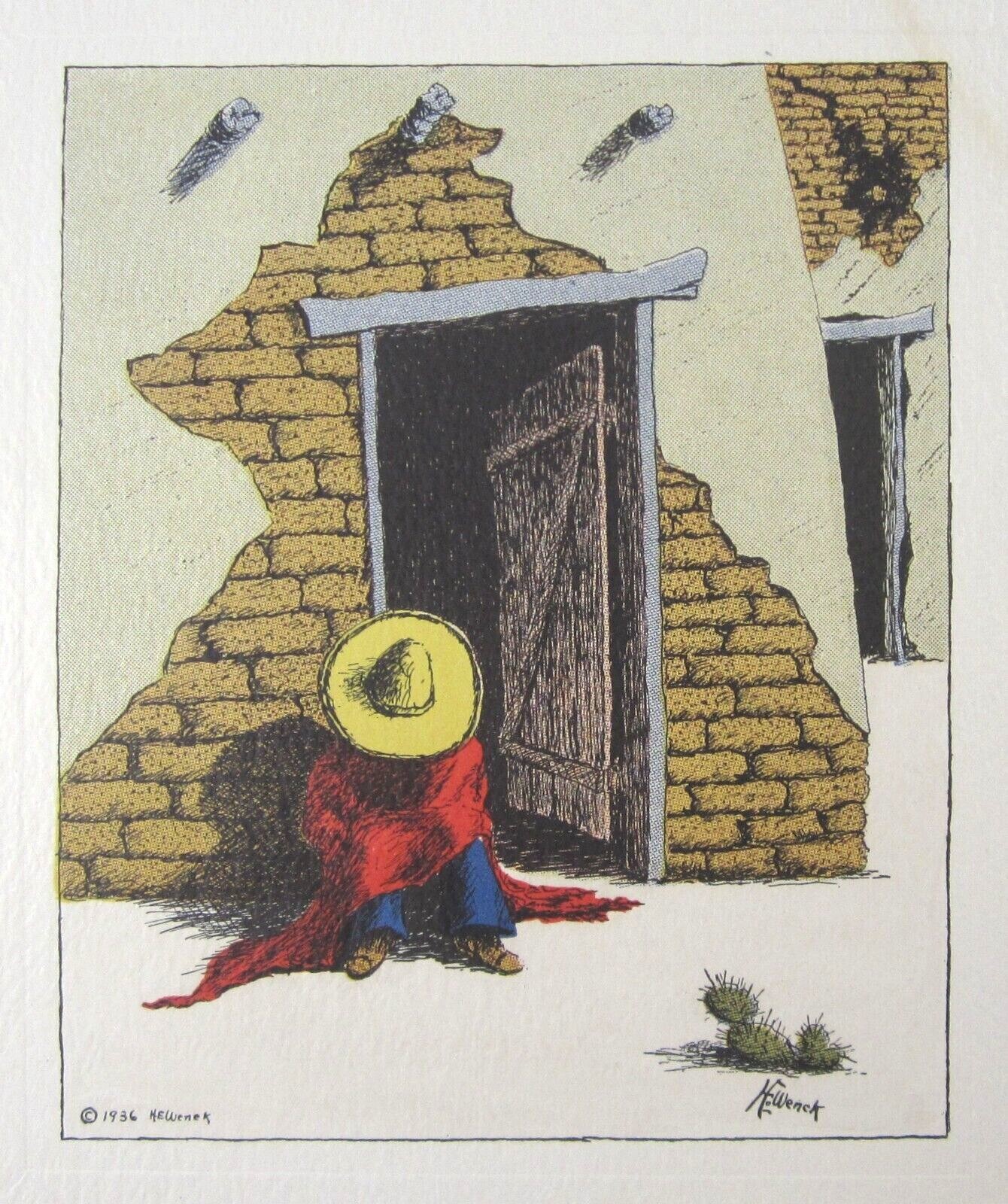 Vintage Southwestern Art Tombstone AZ Artist Lithograph Adobe H.E. Wenck c 1936