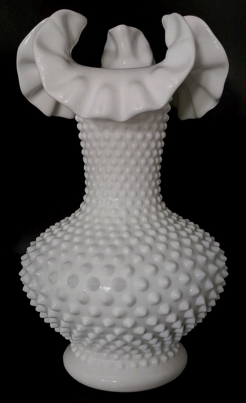 Fenton White Hobnail Milk Glass Vase with Ruffled Edges