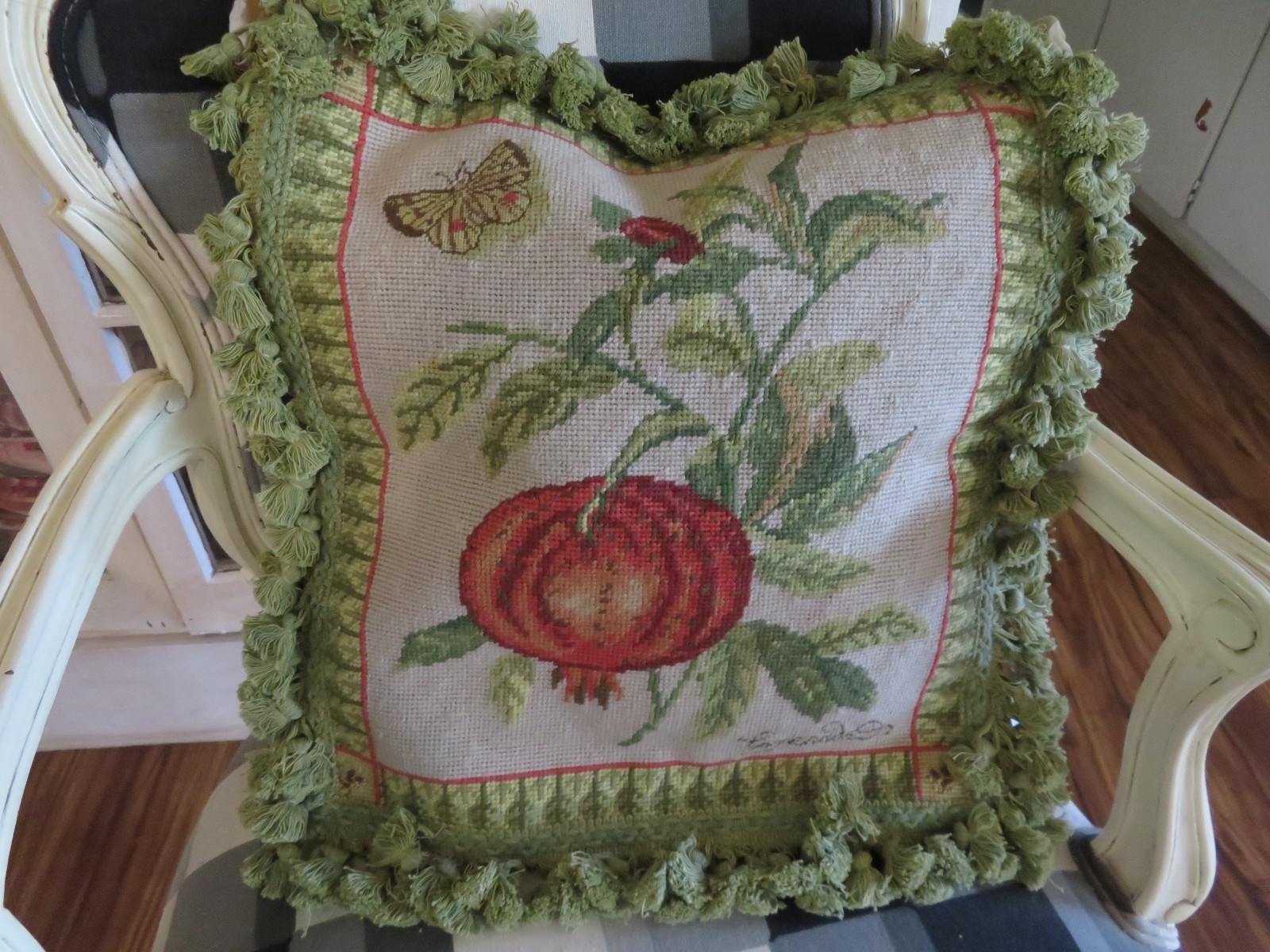 Aubusson style FRENCH COUNTRY Needlepoint Pillow FALL Pomegranate Butterfly NWOT