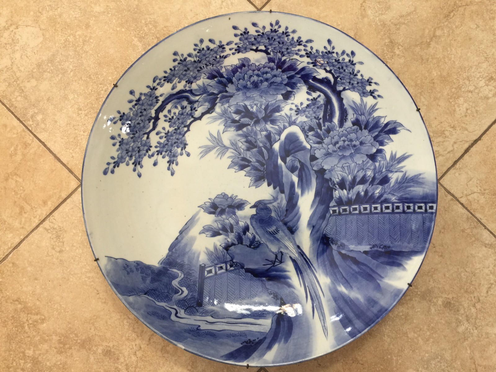Large Japanese Blue & White Porcelain Charger 22\