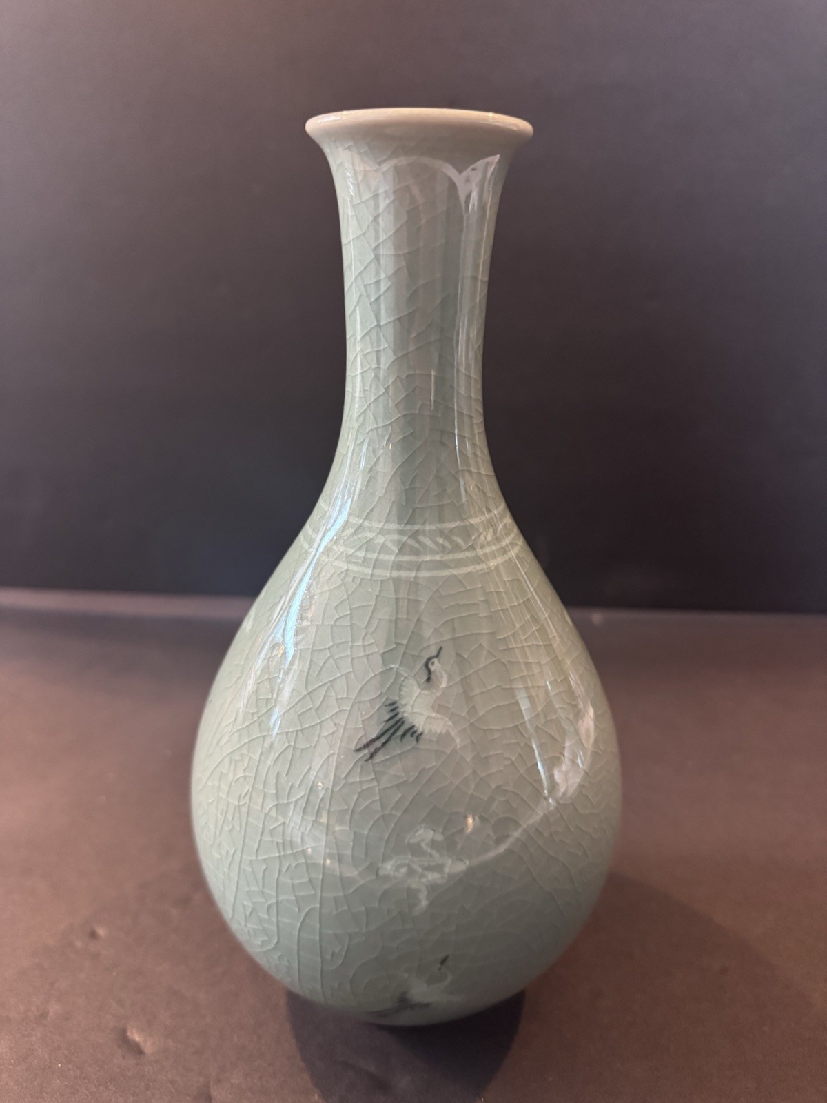 Vintage Celadon Crane Vase Signed Asian Pottery Crackle Glaze Long Neck 8.5”