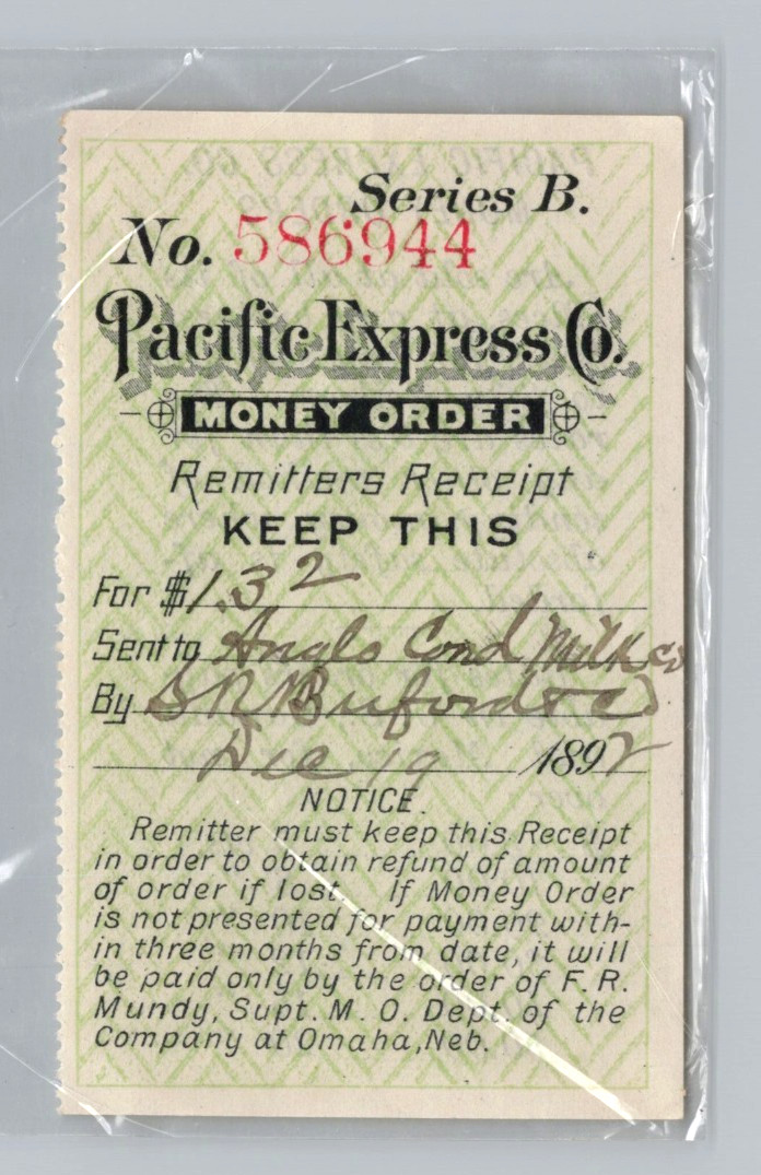 1892 Pacific Express Co Money Order Remitters Receipt Antique Ephemera Omaha NE