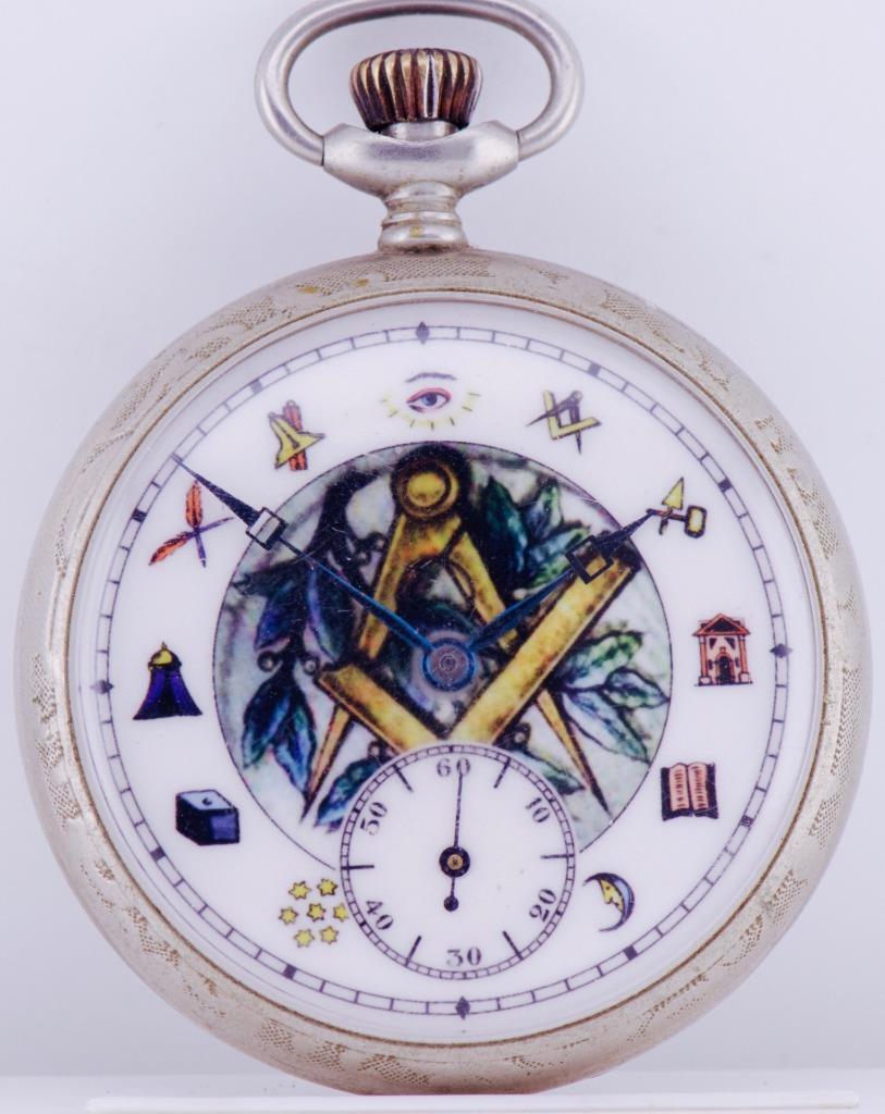 Antique French Masonic Chronometer Silvered Pocket Watch-Fancy Enamel Dial c1900