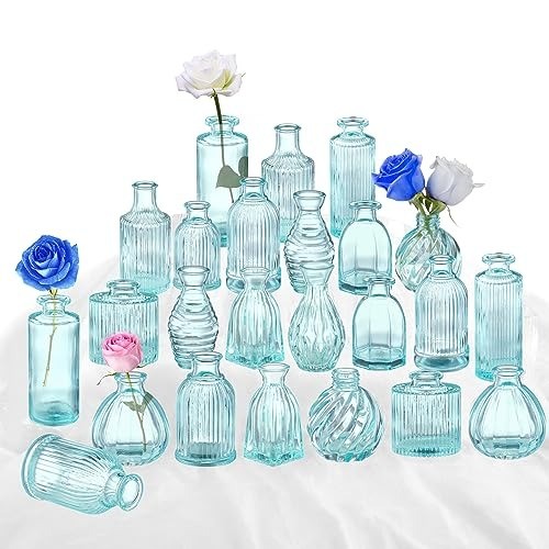 Bud Vases Set of 12, Blue Glass Vase Small Vintage Flower Vase for Decor Ribbed