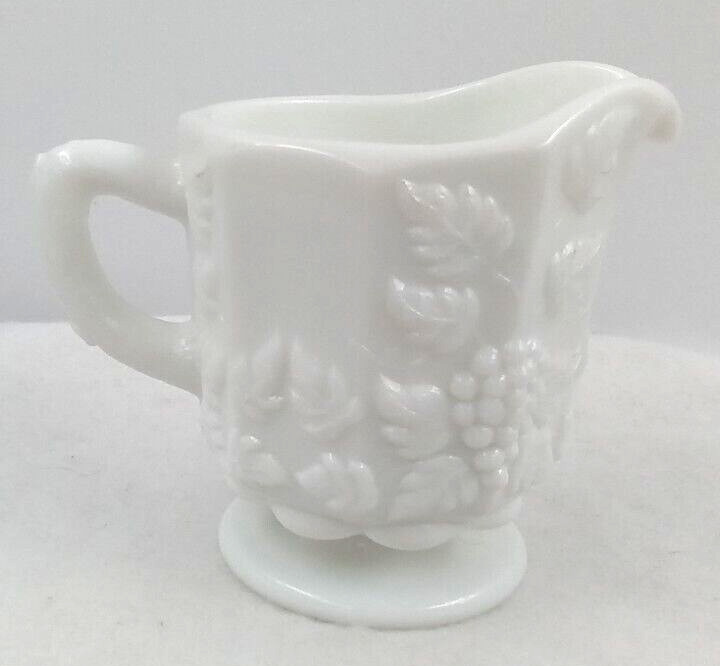 Westmoreland Milk Glass Creamer Pitcher Handle White Paneled Grape Vintage USA