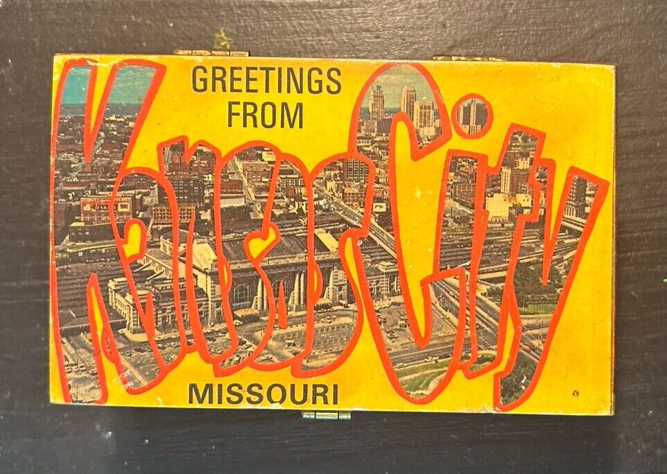 VTG Wooden Recipe Box Greetings From Kansas City postcard-themed