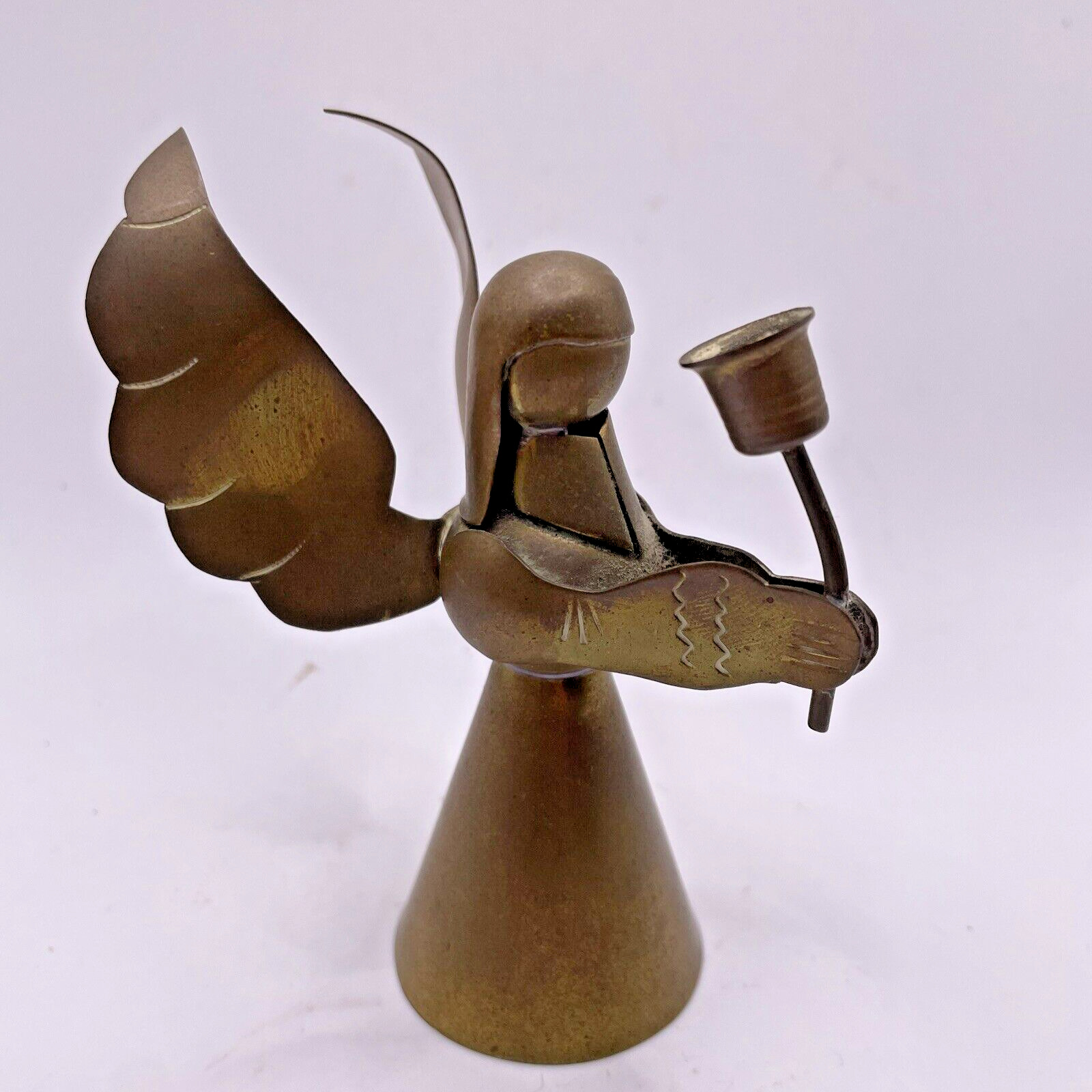 Brass Angel Candle Holder 3-1/2 inch Tall Vintage Curved Wings Up