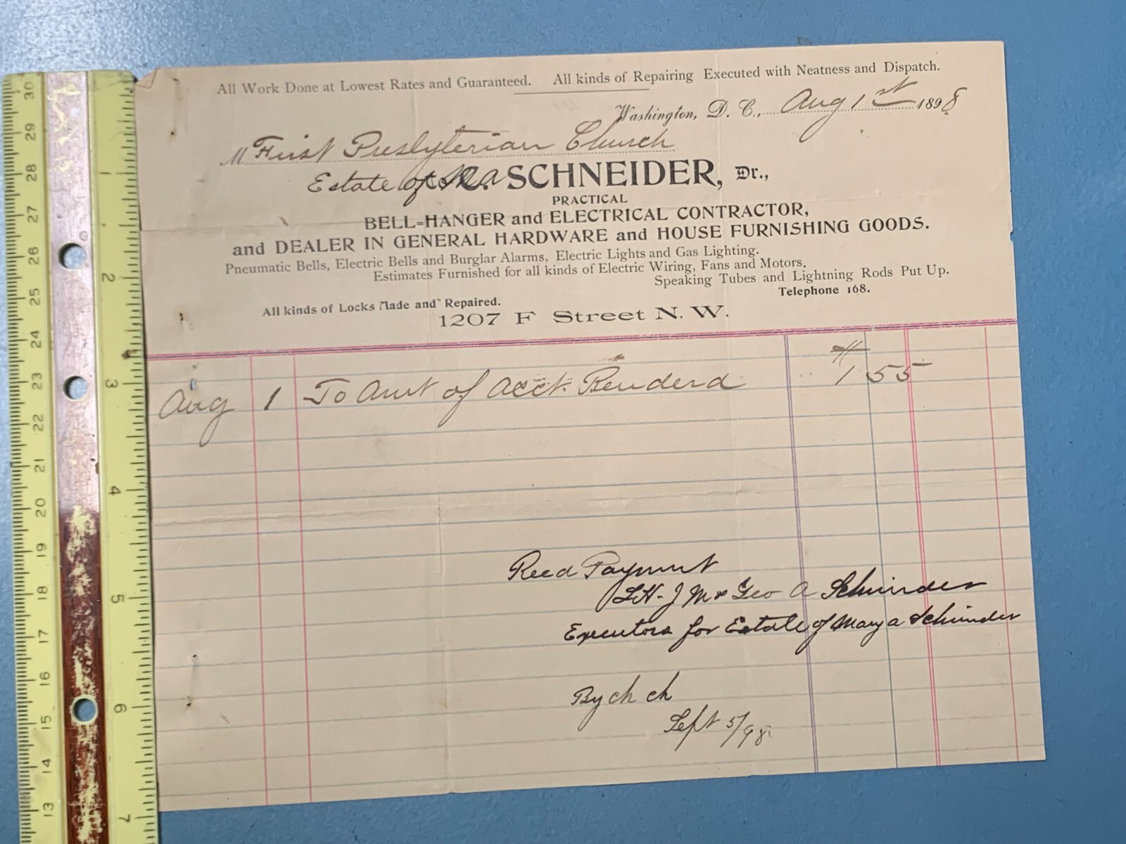 Antique 1898 Invoice C. Schneider, Dr, Electrical Contractor, Washington, DC Antique 1898 Invoice C. Schneider, Dr, Electrical Contractor, Washington, DC