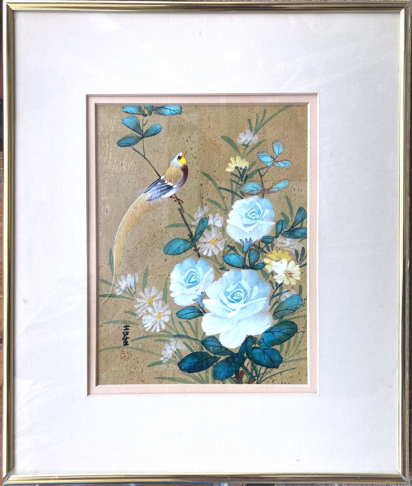 Vintage Chinese Painting on Cork Paper Bird & Flowers Signed Vintage Chinese Painting on Cork Paper Bird & Flowers Signed