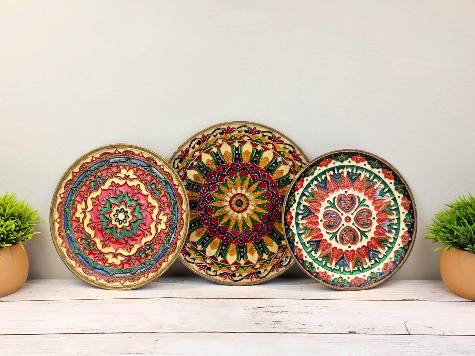 3 Vintage Byzantine Enamel Brass Wall Plates