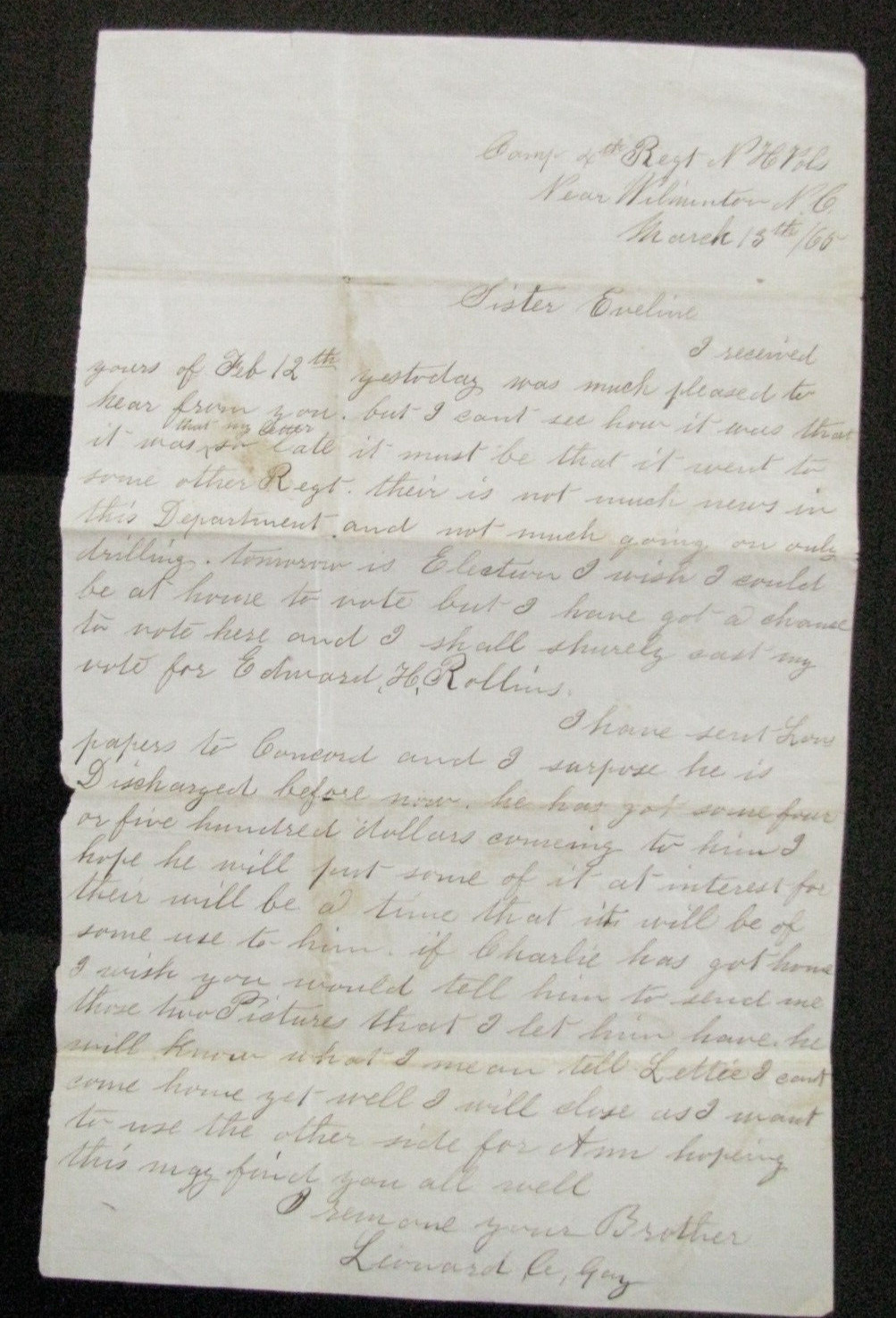 CIVIL WAR WILMINGTON NORTH CAROLINA DOUBLE LETTER 4TH NEW HAMPSHIRE SOLDIER 1865
