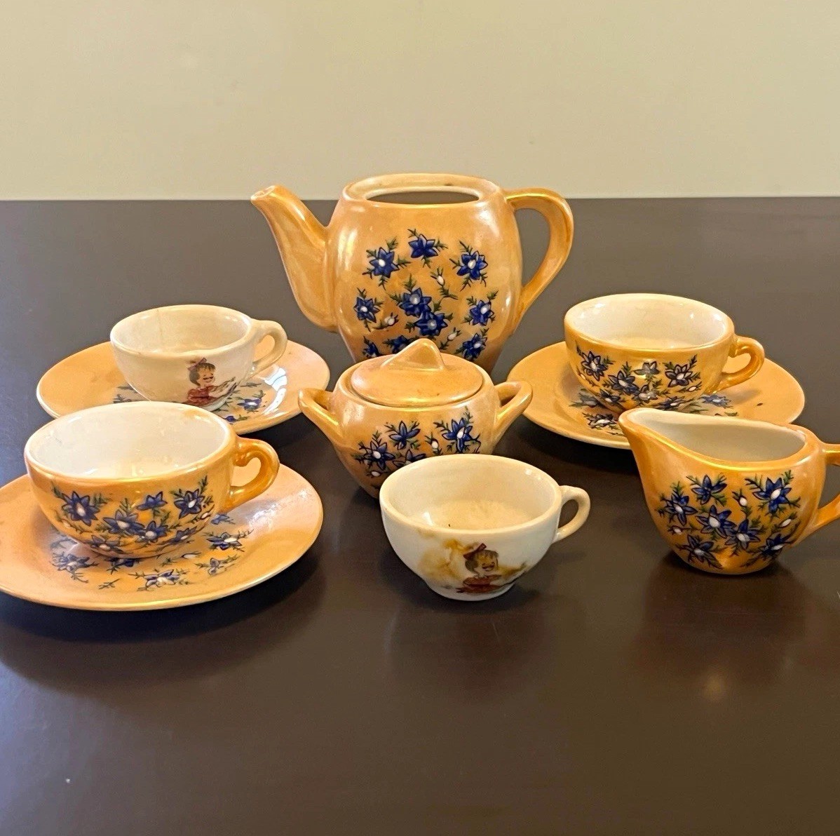Vintage Japan Child Size Tea Set 11 Pc Blue Floral Peach Lusterware Porcelain Vintage Japan Child Size Tea Set 11 Pc Blue Floral Peach Lusterware Porcelain