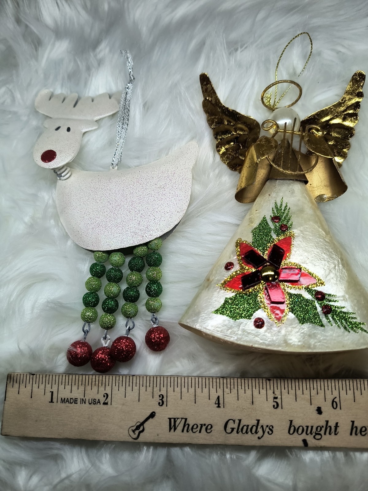 2  PIER 1 UNIQUE CHRISTMAS ORNAMENTS - SHELL ANGEL & COMICAL REINDEER  EXCELLENT