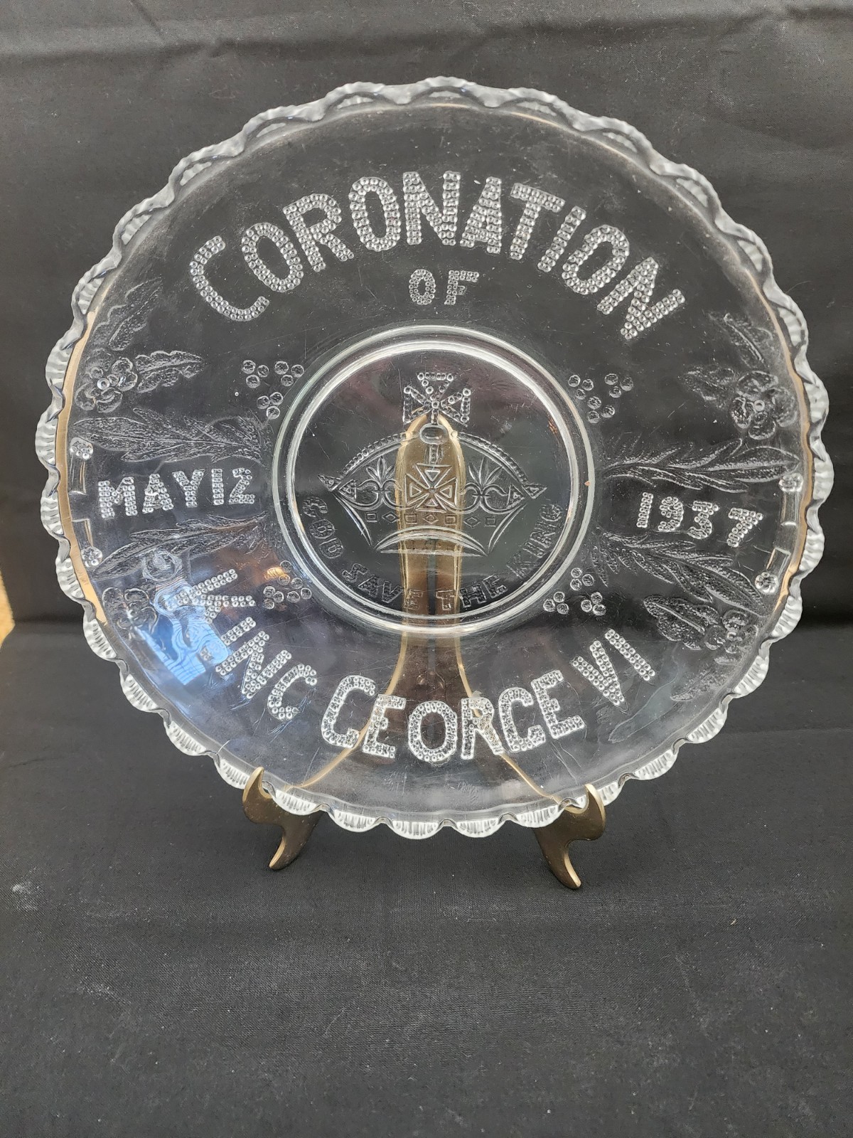 1937 King George VI Coronation Plate - Clear Pressed Glass - 10.5