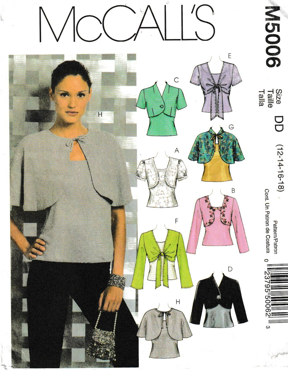 McCall's Pattern M5006 c2005, Misses Shrugs, Capelet & Tops, Size 12-18