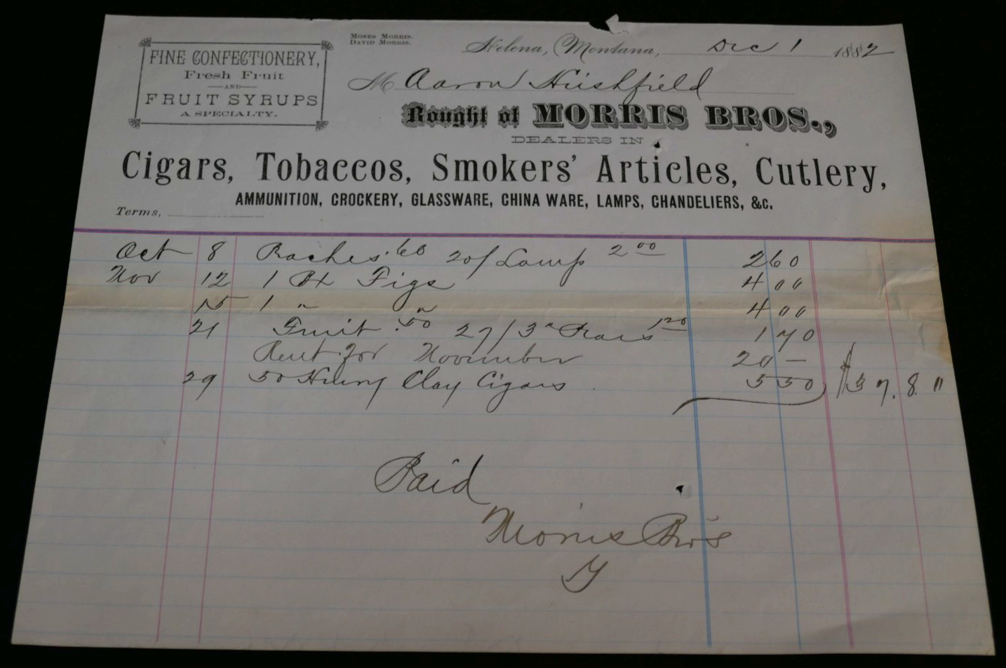 Morris Bros. 1882 Helena Montana Territory Henry Clay Cigars Billhead Invoice