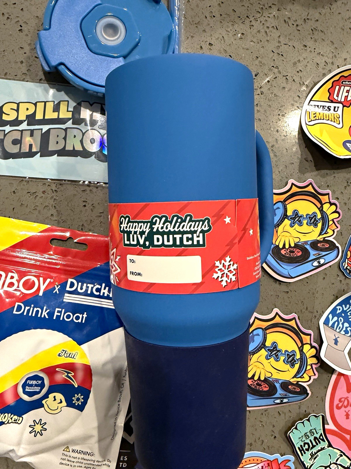 NEW Dutch Bros holiday tumbler LOT pins, stickers , drink float, bumper sticker NEW Dutch Bros holiday tumbler LOT pins, stickers , drink float, bumper sticker