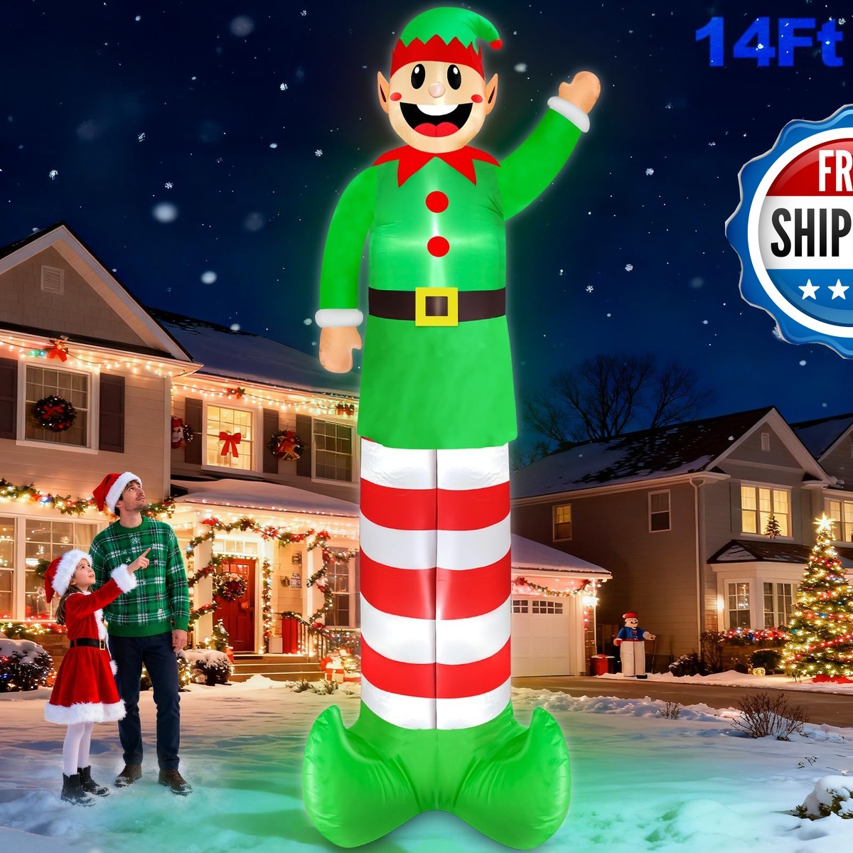 14 Ft x 5.2 Ft Christmas Inflatable Elf Built-in LEDs Outdoor Yard Garden Lawn