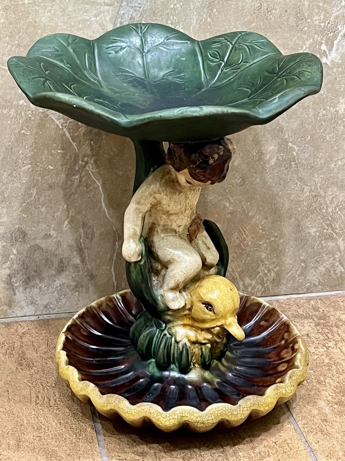 RARE Antique Majolica of Cherub Atop Dolphin w/ Lily Pad Bowl & Shell Base RARE Antique Majolica of Cherub Atop Dolphin w/ Lily Pad Bowl & Shell Base
