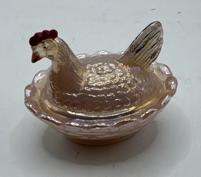 Boyd Art Glass Mini Hen On A Nest Salt Cellar Pink Carnival glass Painted