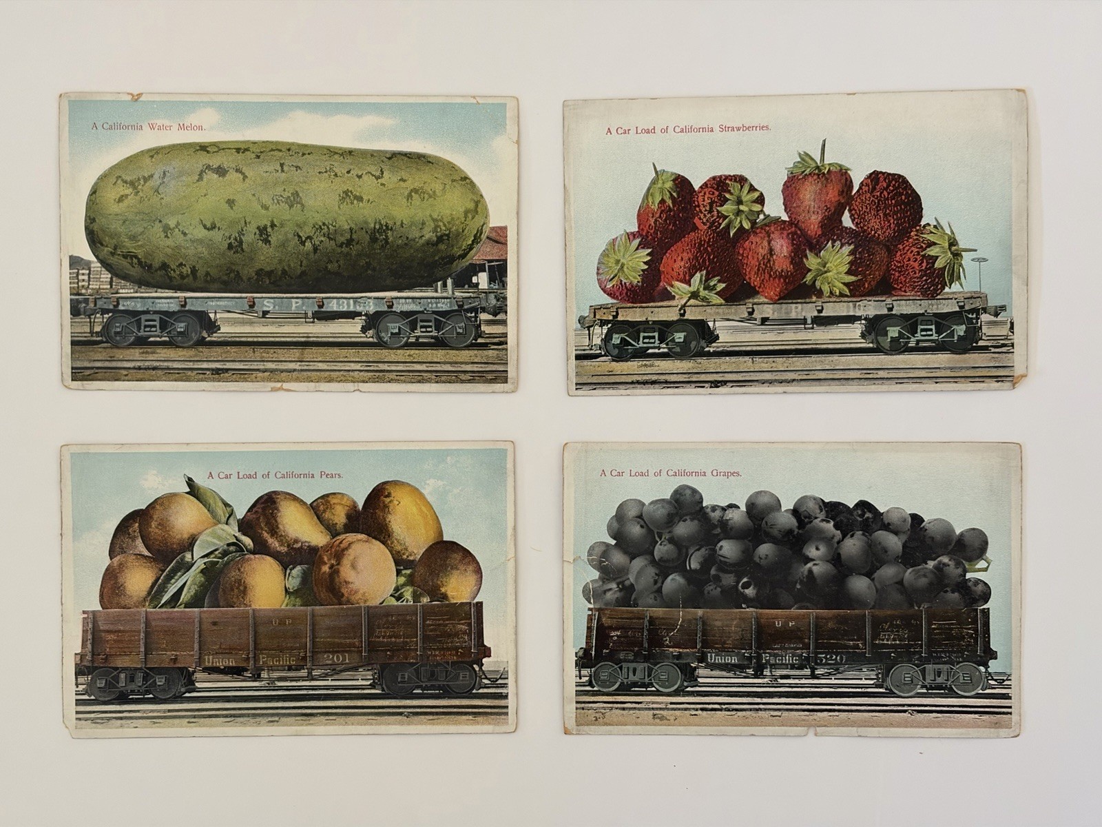 Antique Set 4 California Railroad Postcards Pears Grapes Strawberries Melon
