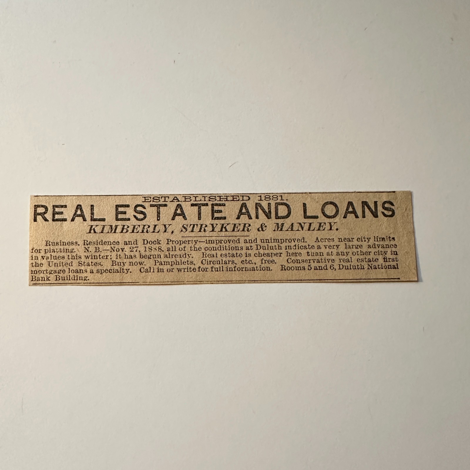 Kimberly Stryker & Manley Real Estate & Loans Est 1881 1888 MN Clipping 5AK9-M15